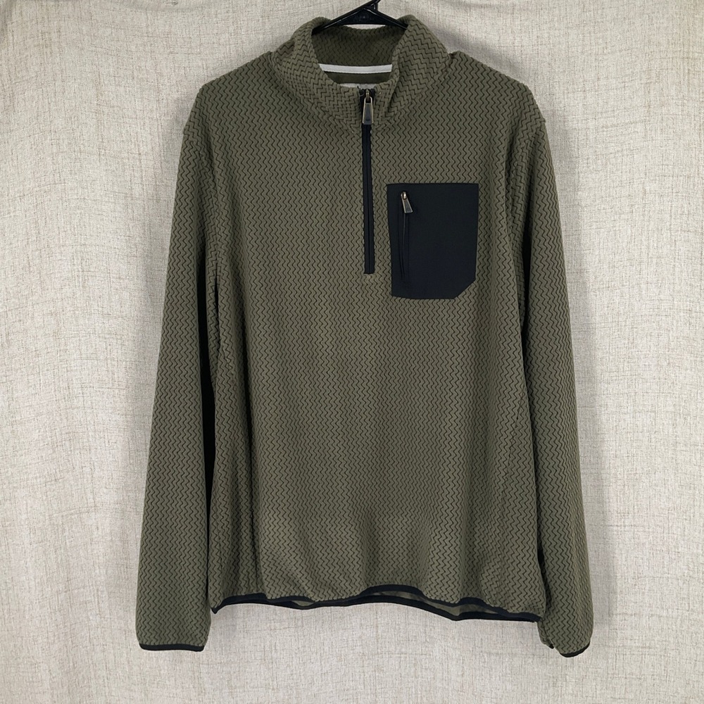 Rainforest Mens Olive Green Zigzag Textured Quarter Zip Pullover Fleece Jacket